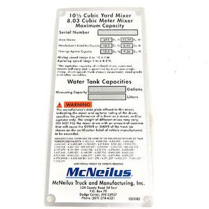 McNeilus 0215085 10.5 Yard Mixer Data Placard