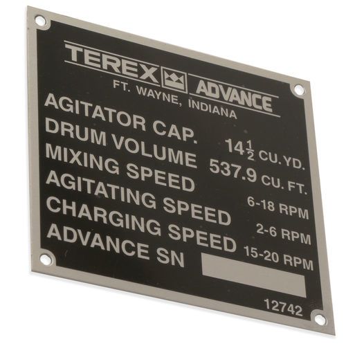 Terex 12742 Serial Number Plate - 11 Yard - 14.5 Agitator Capacity | 12742