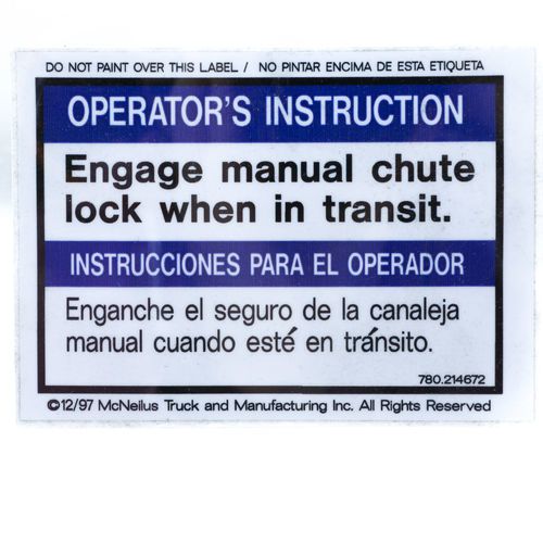 McNeilus 0214672 Mixer Decal Sticker - Engage Manual Chute Lock Aftermarket Replacement | 214672