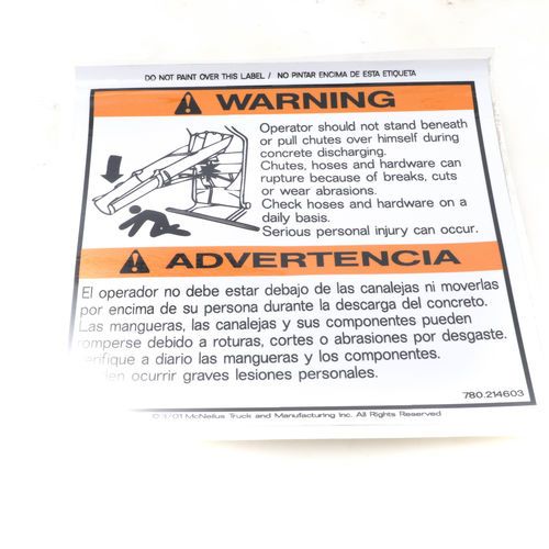 McNeilus 0214603 Mixer Decal Sticker - Warning - Operator Should Not Stand Beneath or Pull Chutes | 214603