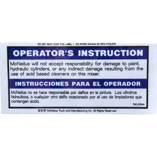 McNeilus 215141 Decal Sticker - OPERATOR'S INSTRUCTION - McNeilus Disclaimer | 215141