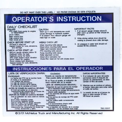 McNeilus 115117 Decal Sticker - OPERATOR INSTRUCTION - Daily Checklist Aftermarket Replacement | 115117