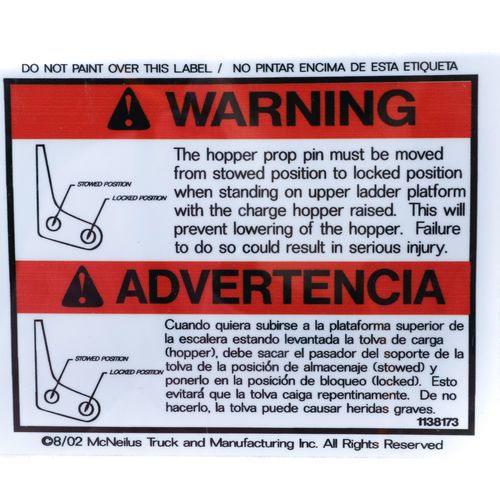 McNeilus 1138173 Warning Decal Sticker - The Hopper Prop Pin Must Be Moved... Aftermarket Replacement | 1138173