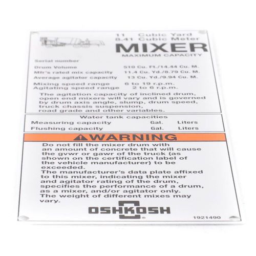 Oshkosh 1921490 11 Yard Mixer Capacity Placard | 1921490