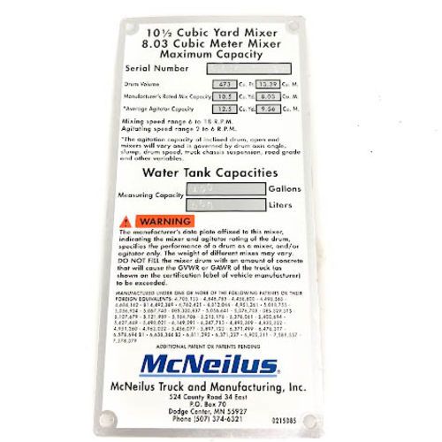McNeilus 0215085 10.5 Yard Mixer Data Placard | 215085